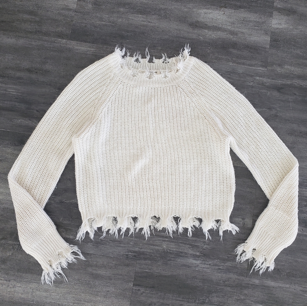 White Distressed Trim Fct Cropped Sweater